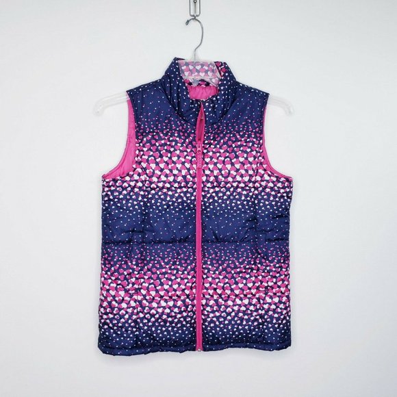 Lands End Kids Girls Blue Pink Heart Puffer Vest - Picture 1 of 12